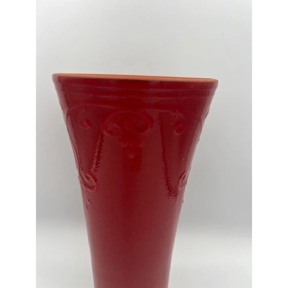Red Glazed Terracotta Vase Embossed Scroll Fleur De Lis Portugal 12 Inch